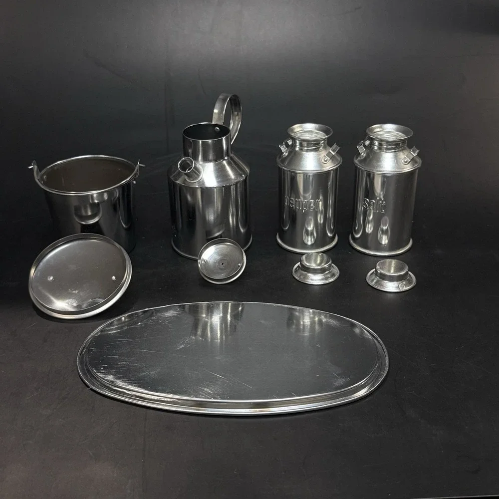 Vintage Mid Century Aluminum Kitchen Table‎ Condiment Set Made in Japan 9pc LNC